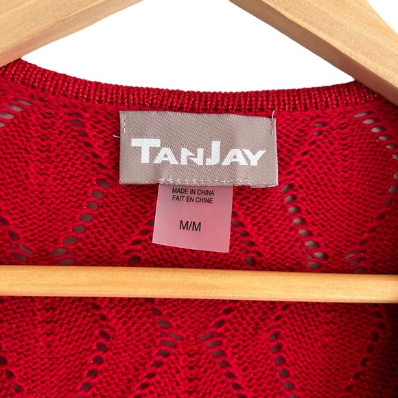 TanJay Red Open Front Women's Crochet Knit 3/4 Sleeve Cardigan Size Medium - Picture 9 of 9